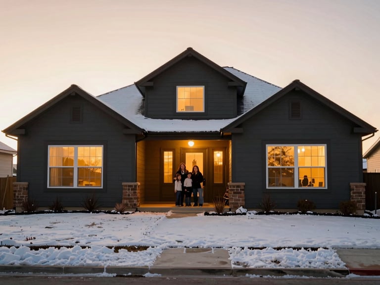 Exterior shot of a modern, well-maintained family home in Idaho Falls during golden hour, snow on the roof and yard, warm light from windows, rich deep tones, shallow depth of field, 35mm