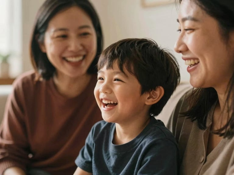Close-up of a family (parents and child) laughing together in a warm, comfortable living room, natural light, shallow depth of field, 35mm