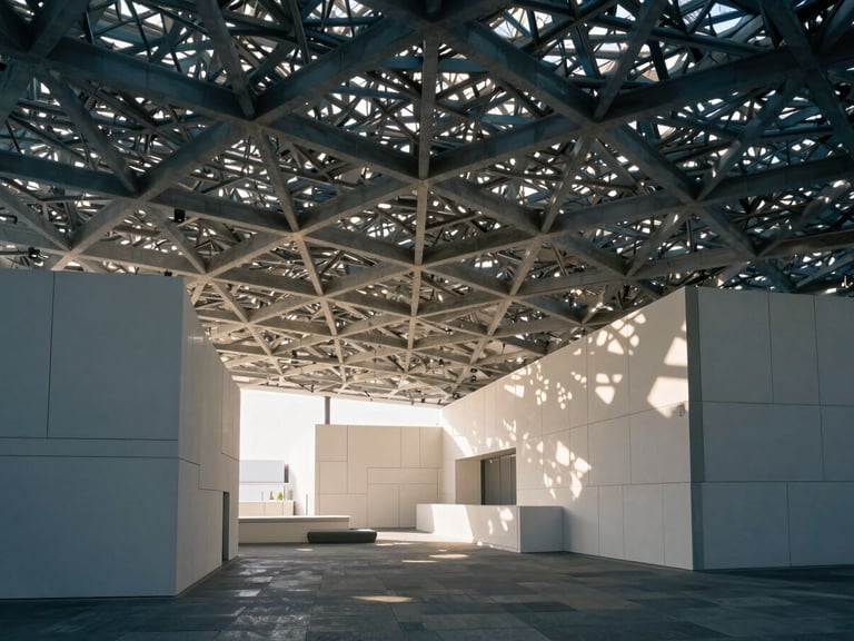 Architectural detail of the Louvre Abu Dhabi dome, sunlight filtering through the geometric canopy, soft shadows, elegant museum atmosphere.