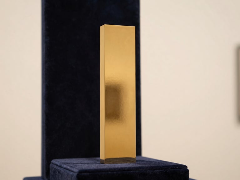 A close-up of a minimalist gold trophy reflecting warm gallery lighting, clean geometric lines, dark velvet background.