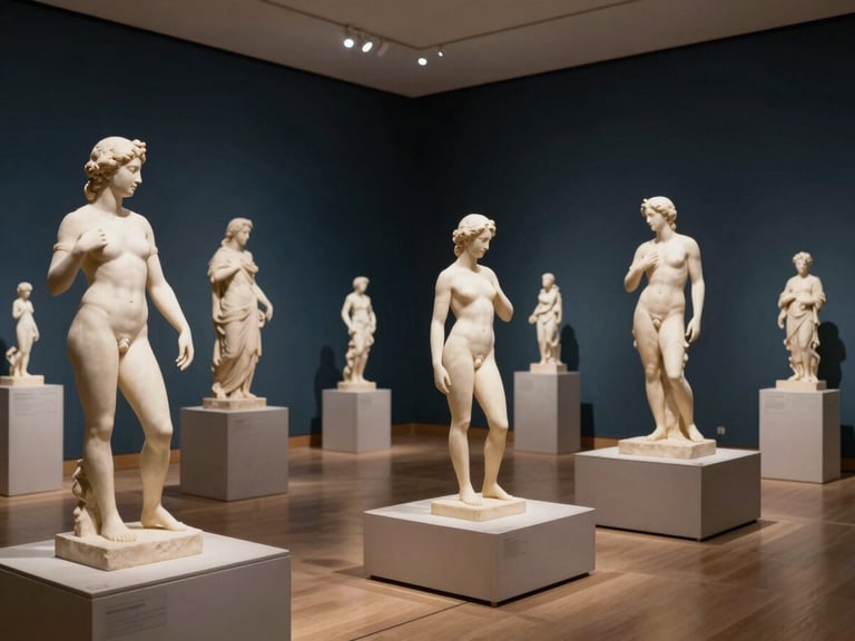 Crisp controlled museum illumination showing a curated gallery space with classical and contemporary sculptures, warm ivory tones, medium format depth.