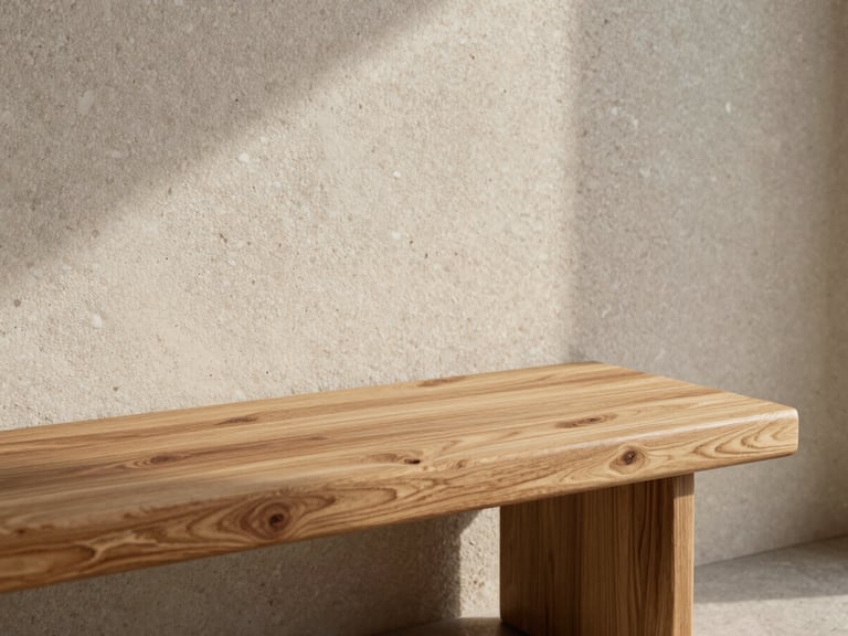 Close-up of a custom oak bench resting against a textured travertine wall in soft morning light