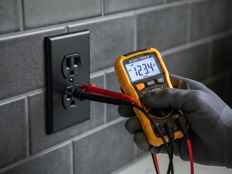 Close-up of a professional electrician's hand holding a modern multimeter, checking a sleek black electrical outlet, sharp focus, high-contrast lighting, technical and clean aesthetic.