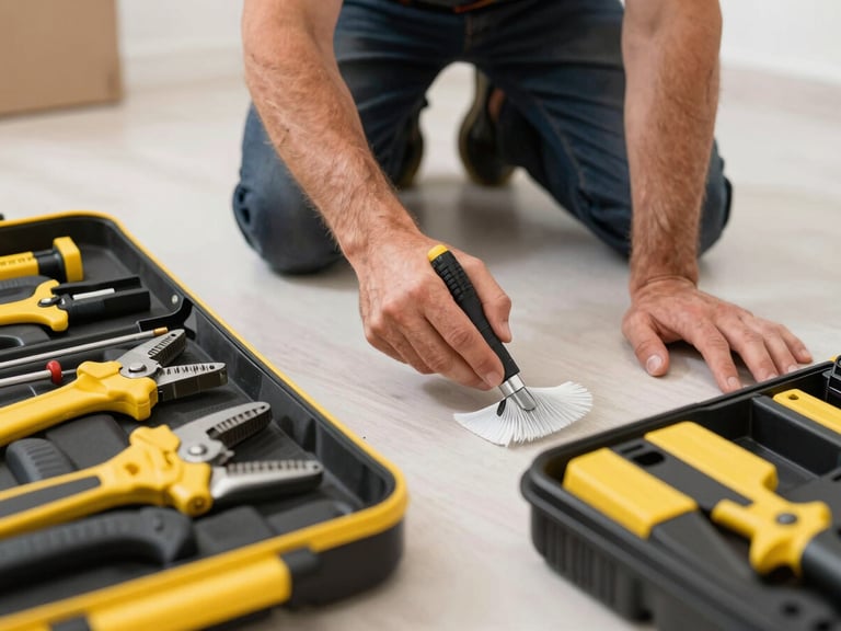Professional electrician cleaning up after a repair, modern tools neatly packed, clean floor, soft domestic lighting.