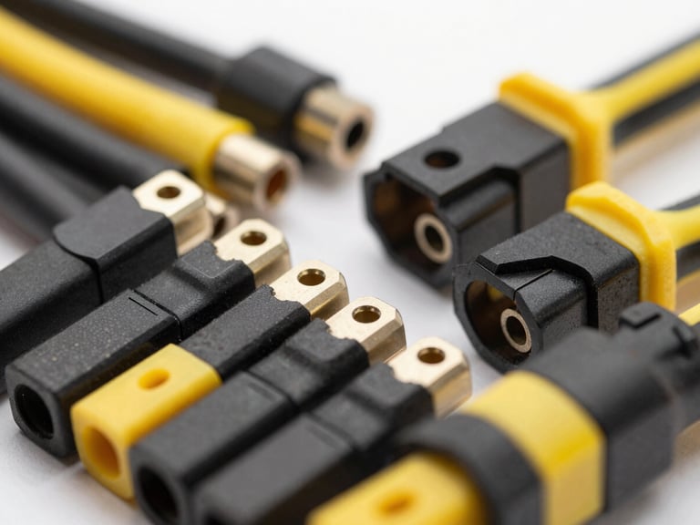 Macro shot of high-quality electrical wire and connectors, neatly arranged, sharp focus, clean background, professional tools nearby.