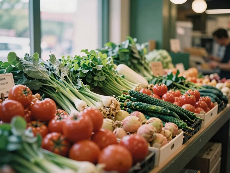A bustling modern food market stall, fresh produce artfully arranged, natural light, forest green accents, shallow depth of field.