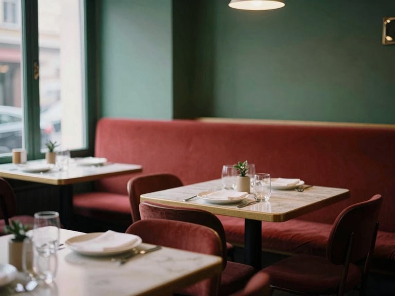 Cozy Scandinavian bistro interior, soft natural light, empty tables set for dinner, warm atmosphere, rich crimson and forest green accents.