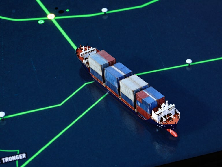 High-contrast close-up of a digital routing interface displaying container ship coordinates on a technical map, glowing green path lines on dark blue background