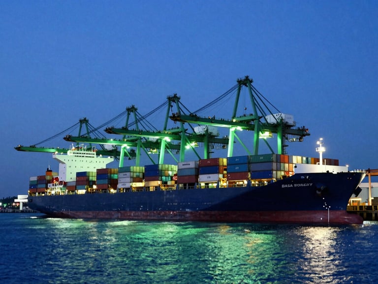 Wide-angle industrial logistics photography of a massive container ship docked at Port Klang during twilight, deep blue water contrasting with high-visibility green crane lights.