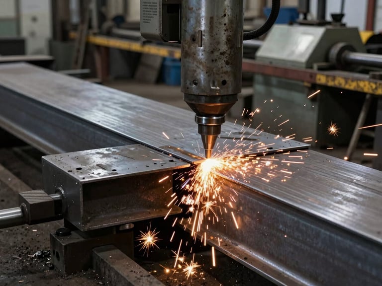 Heavy metal fabrication workshop, steel plates cut with precision, industrial machinery in background, gritty atmosphere