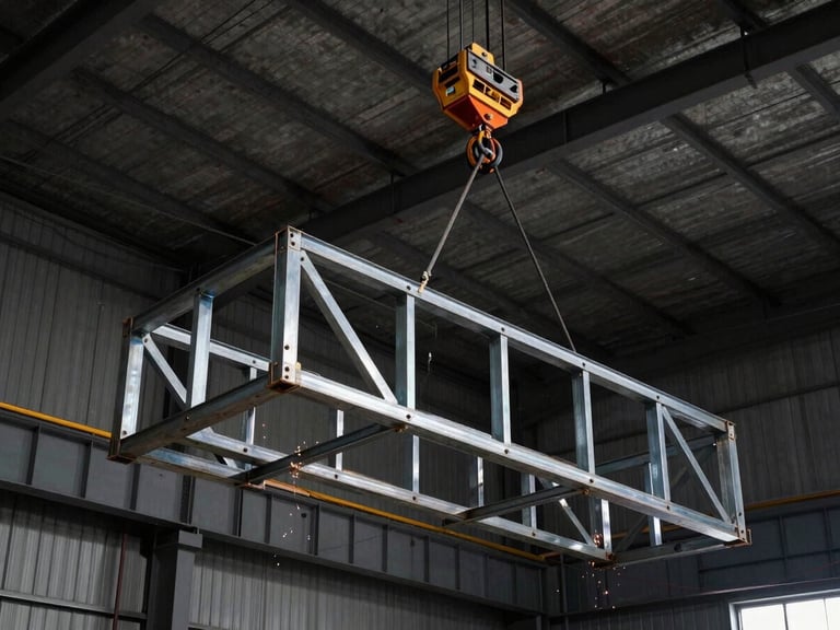 Massive steel framework being hoisted by a crane against a dramatic warehouse ceiling, industrial construction site