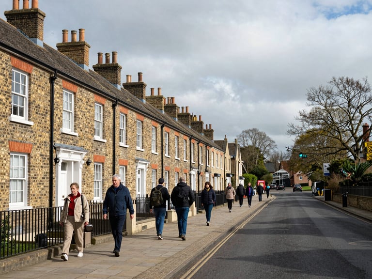 Environmental landscape view of Iffley Road in East Oxford under soft overcast daylight, showing brick terrace houses and active local residents walking along the pavement