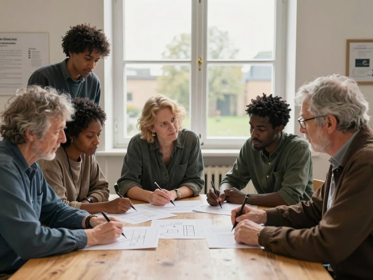 A natural-daylight mid-shot of a collaborative workshop in East Oxford, showing diverse local residents of various ages discussing plans around a wooden table, soft overcast light from a window.