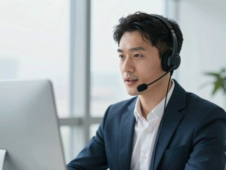 Close-up of a professional wearing a headset, speaking confidently, with a clean, modern desk setup in bright natural light, cool slate and navy tones, shallow depth of field, 35mm