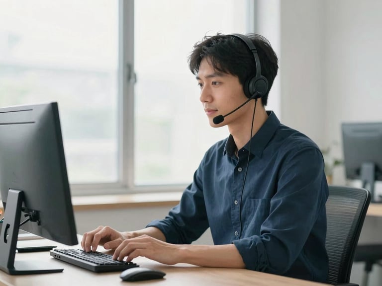 Professional remote worker with headset making a call in a modern, clean home office setup, bright natural light, cool slate tones, shallow depth of field, 35mm