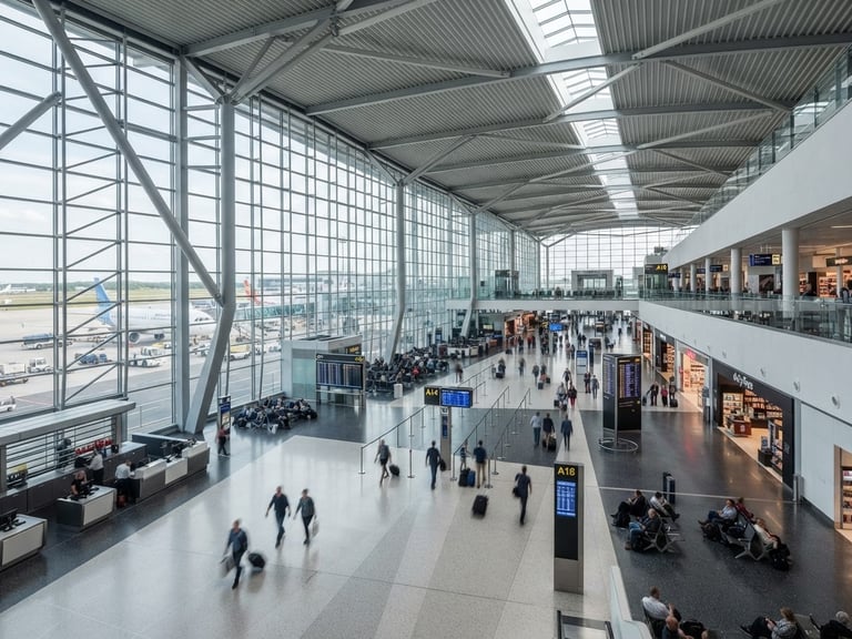 Fotografía arquitectónica de un aeropuerto moderno con luz natural brillante, líneas geométricas limpias, tonos fríos desaturados, mostrando escala y flujo humano ordenado.