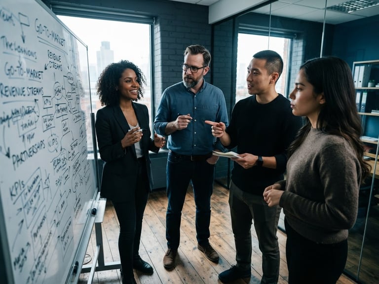 Low-angle heroic shot of diverse founders analyzing a complex business model on a whiteboard, sharp natural window light, deep slate tones