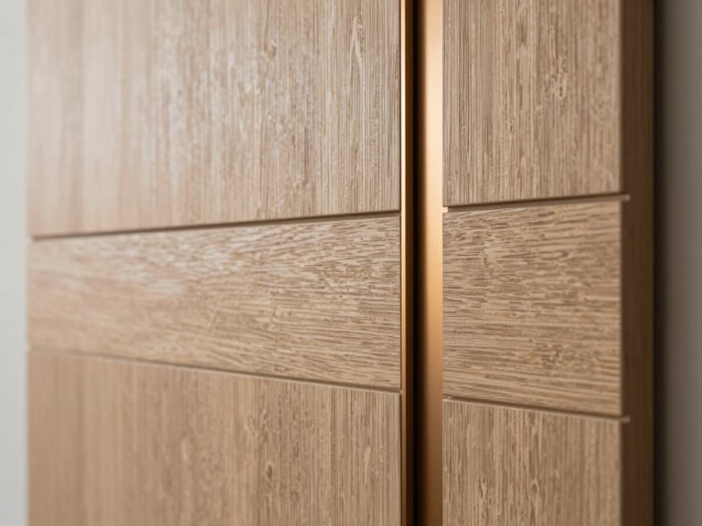 Close-up architectural detail of a smart-home integrated wall panel, seamless engineered wood grain with warm bronze accents, soft natural side-light highlighting physical texture, premium craftsmanship.