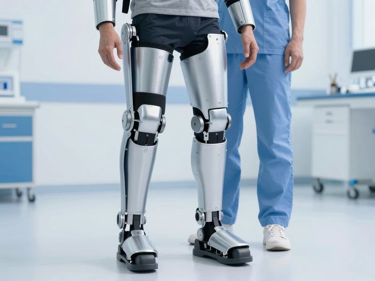 Wide clinical environment, patient wearing exoskeleton guided by therapist, soft clinical daylight, crisp focus, cool blue ambient highlights