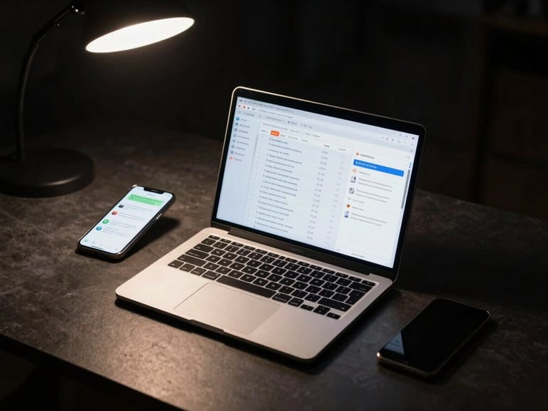 Wide overhead shot of a dark desk with a laptop open showing a CRM pipeline dashboard, phone beside it displaying a WhatsApp thread with unread messages, harsh single-source downlight creating a spotlight effect on the screens, deep black background, no people visible
