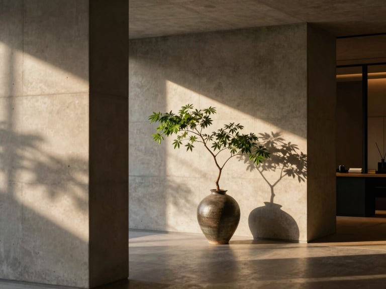 Architectural detail of a minimalist luxury hotel lobby in Kyoto, soft natural shadows cast on concrete walls, a single green branch in a ceramic vase, elegant and quiet.