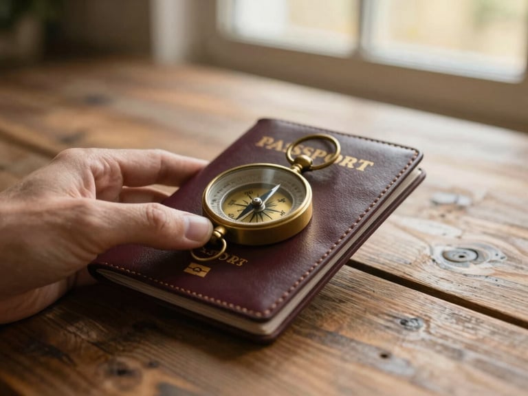 Close-up of a hand holding an elegant leather passport cover and vintage brass compass over a rustic wooden table, soft golden-hour window light, shallow depth of field.