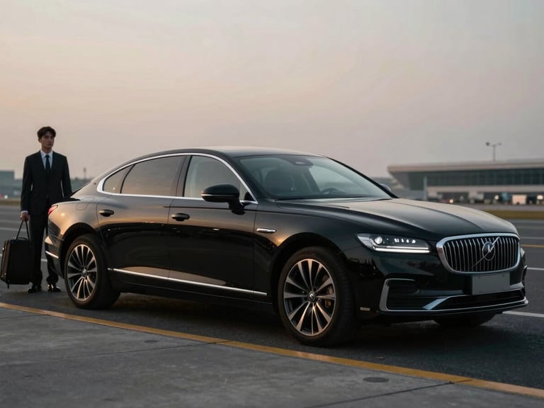 A sleek black executive sedan parked at an airport curb, a chauffeur standing by with luggage, soft overcast daylight, cinematic wide shot.