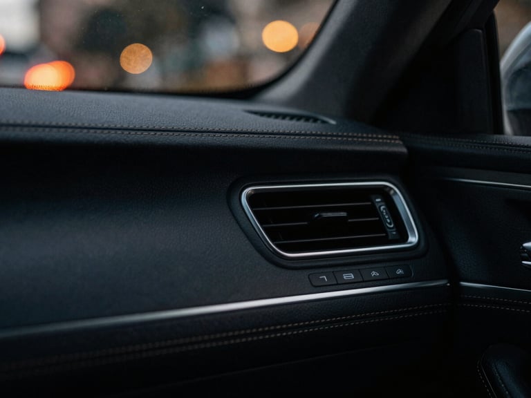 Interior close-up of a luxury car, showing fine leather stitching and climate controls, blurred city lights passing outside, moody low-key lighting.