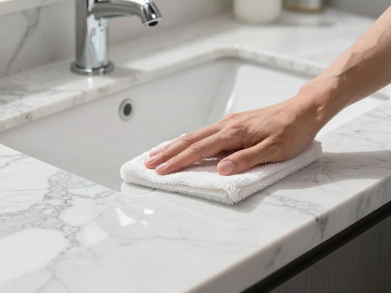 Close-up of a hand wiping a polished Calacatta marble countertop, light reflecting off the immaculate surface, bright natural daylight, 35mm lens