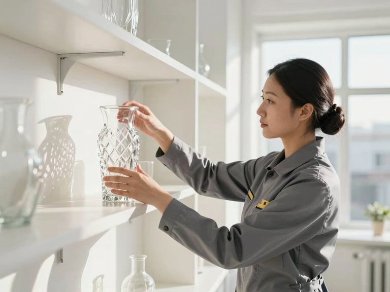 A professional cleaner in a neat slate gray uniform carefully placing a crystal vase on a minimalist shelf, bright natural daylight, crisp clean interior, 35mm lens