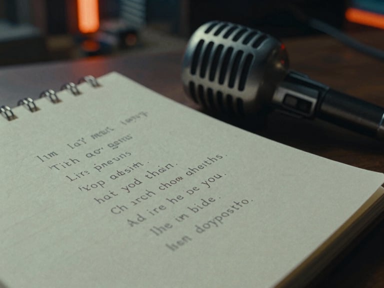 Close-up of a notepad with lyrics, a vintage microphone in the background, gritty urban landscape blurred in distance, low-key lighting.