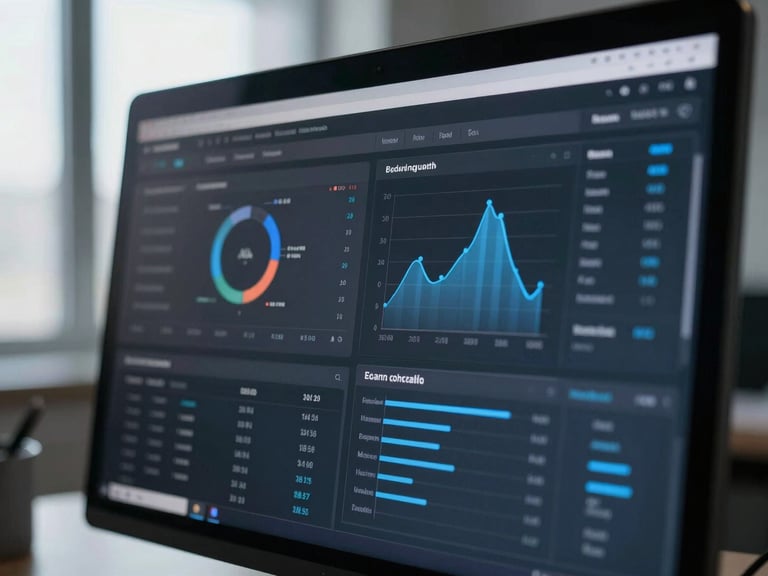 Macro close-up of a dark-mode data analytics dashboard on a high-resolution screen, cool-toned lighting, sharp reflections, 35mm lens