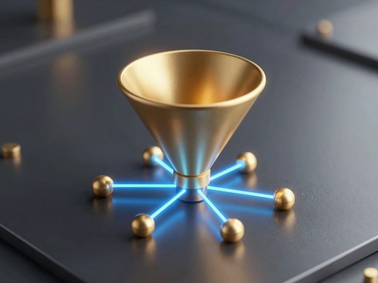 High-fidelity 3D isometric mockup of a digital funnel schematic, showing glowing gold nodes and neon blue connection lines on a dark metallic surface, cinematic depth of field