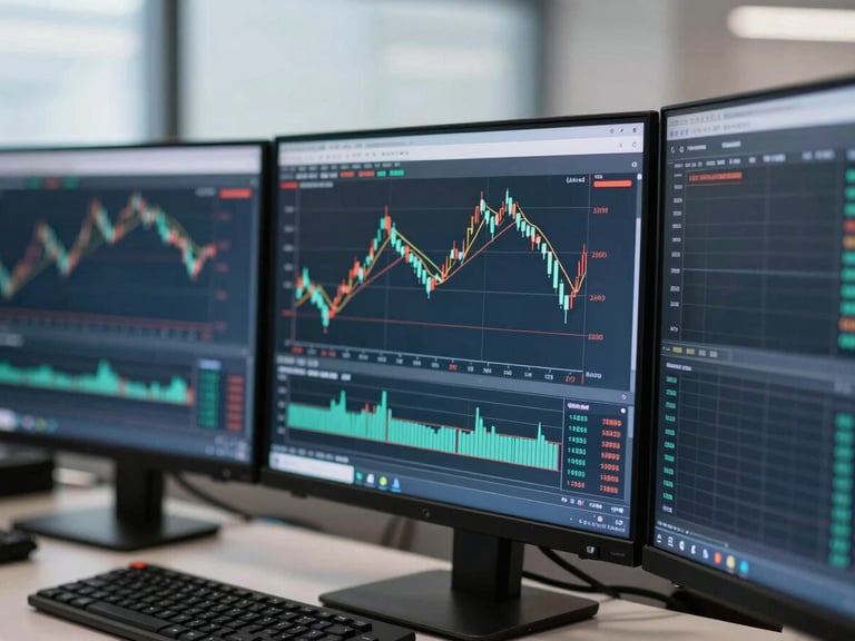 A close-up of a professional multi-monitor trading desk showing clean charting software with candlestick price action, cool diffused daylight, shallow depth of field, 35mm.