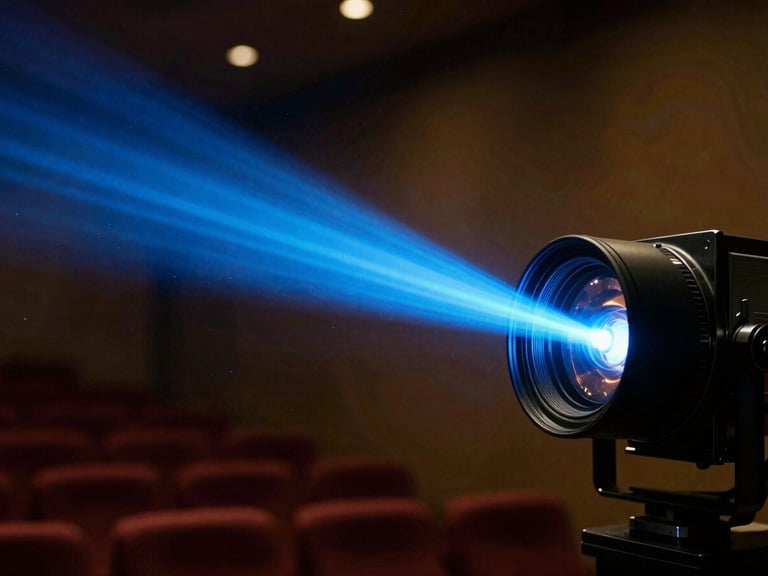A dramatic close-up of a high-tech cinema projector lens emitting a powerful, bright blue laser light beam through a dark auditorium, dust particles caught in the light, cinematic 35mm style