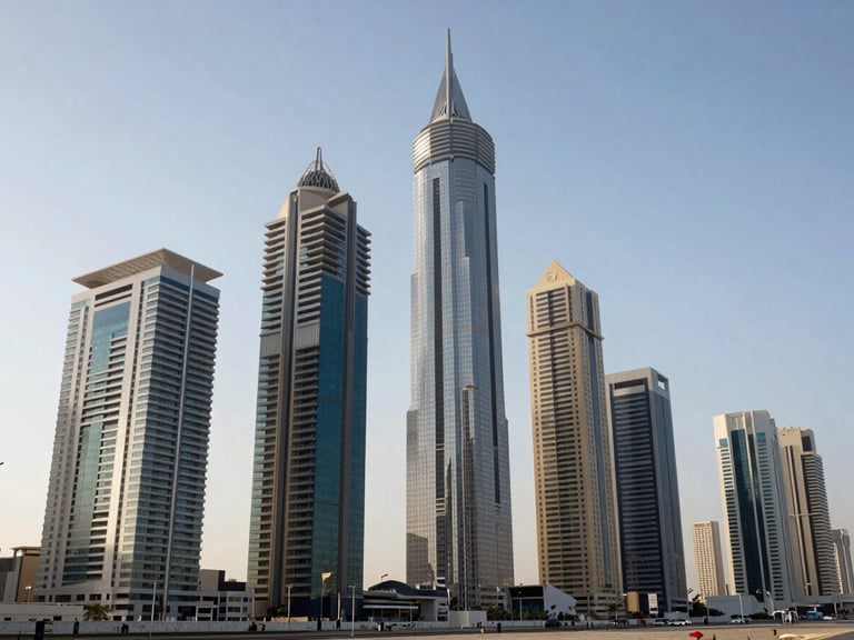 Wide-angle architectural view of Business Bay skyline in Dubai, bright direct desert daylight hitting modern office towers, high-contrast