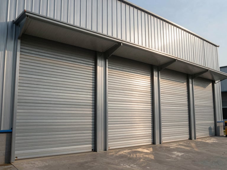 Wide angle architectural shot of automated industrial rolling shutters on a modern steel warehouse facade, sharp direct sunlight, metallic textures.