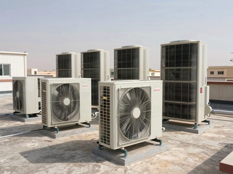 Wide panoramic view of heavy-duty industrial fan coil units and district cooling infrastructure on a clean concrete rooftop under bright desert daylight.