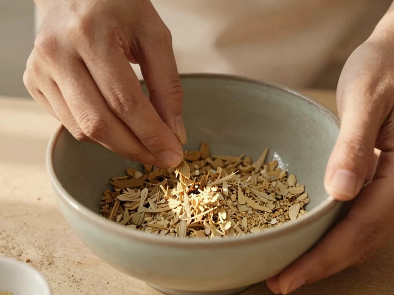 Close-up of hands mixing natural ingredients in a ceramic bowl during a DIY cosmetic workshop, soft golden light, botanical elements, intimate and artisanal.