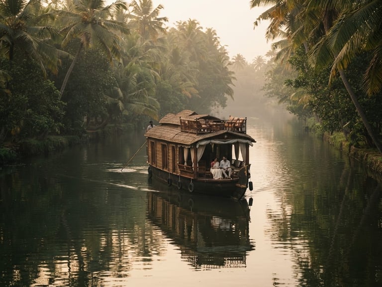 A private wooden houseboat gliding silently through the misty morning backwater canals of Kumarakom, soft golden hour light filtering through palms, warm editorial style.