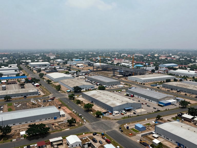 Panoramic aerial photograph of Vadodara's outer industrial belt at midday, overcast diffused light — new warehouse and factory units visible across the right two-thirds of the frame, a grid of access roads cutting through flat Gujarat terrain, cranes and steel structures in the middle distance, no people, no signage, wide documentary framing