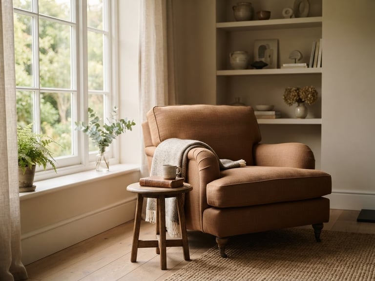 Elegant, quiet interior space with soft textures, a warm armchair near a window with gentle morning light streaming in, shallow depth of field, warm linen and clay tones.