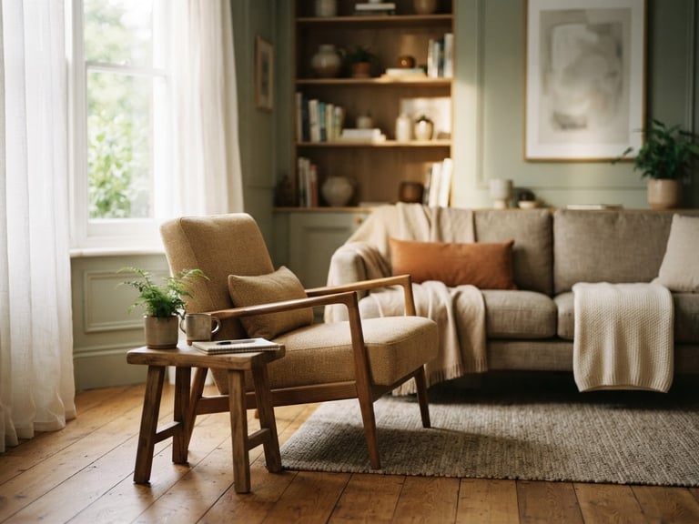 Elegant quiet office interior with soft natural light, a vacant therapist armchair near a linen divan, warm wood textures, shallow depth of field