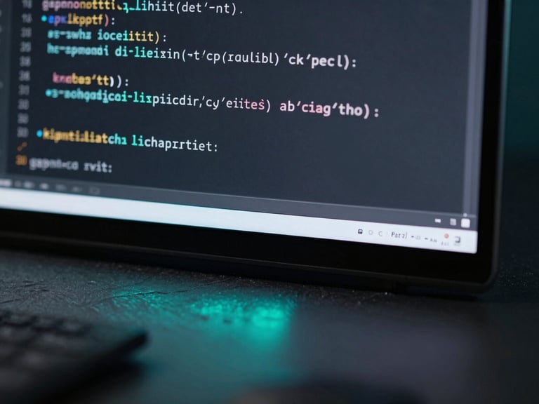 Macro shot of a high-resolution screen displaying clean Kotlin code, cool-toned studio lighting with a subtle neon cyan glow reflecting on a slate desk.