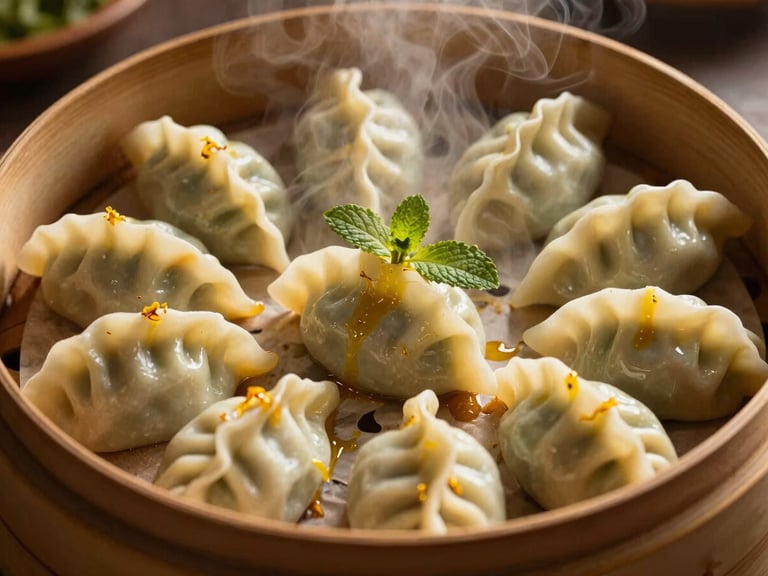 Overhead shot of hand-folded Mantu dumplings in a steamer, steam rising, garnished with saffron oil and dried mint, warm dramatic lighting, shallow depth of field