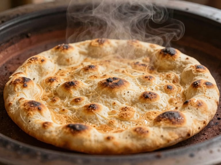 Close-up of a golden, blistered Afghan flatbread emerging from a hot clay tandoor, steam rising, warm side-lighting, macro texture, 35mm