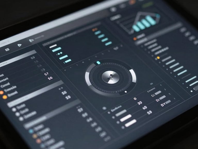 Top-down view of a complex telemetry dashboard, dark charcoal interface with silver data visualizations, crisp typography, sharp studio highlights.