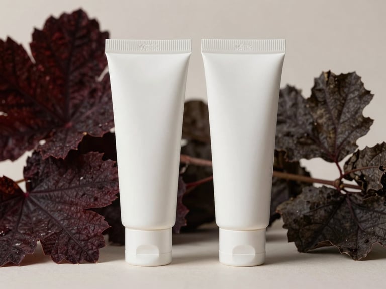 Minimalist composition of a clean white cosmetic tube next to raw botanical ingredients, soft shadows, warm white and charcoal tones