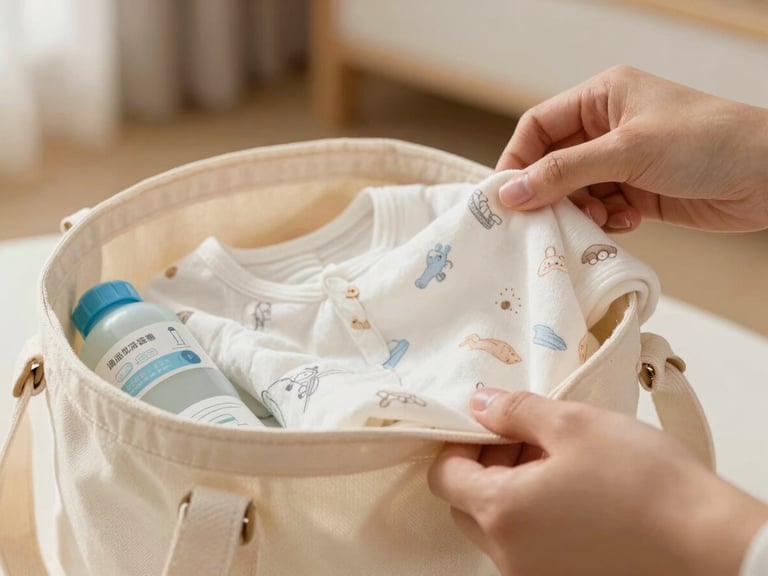 Close up view of hands carefully preparing a physical canvas bag with soft cotton baby clothes and maternity essentials, warm daylight, soft background.