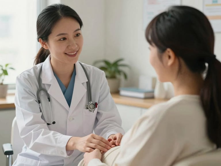 Close-up of a warm interaction between a pregnant mother and her female gynecologist in a soft-lit, comfortable office environment, natural daylight.